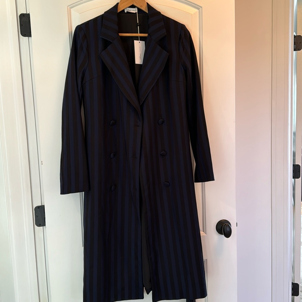 Lovers and Friends Tove Wrap coat in navy/black stripe size XXS